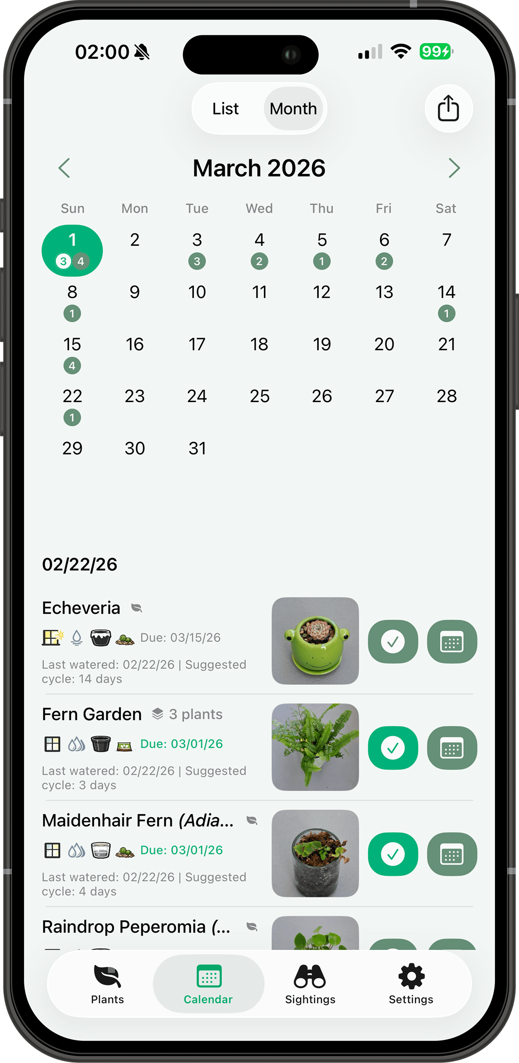 Watering calendar