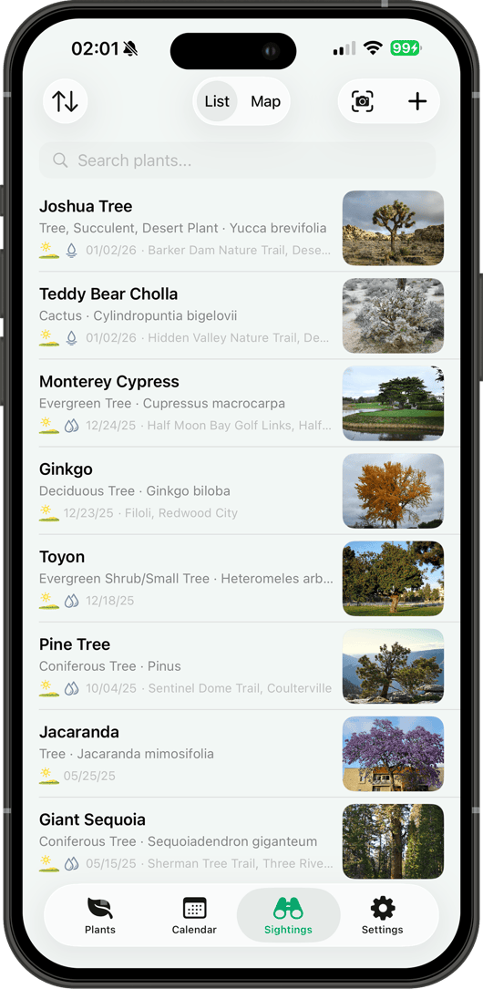 Sightings list